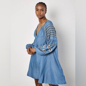 APRICOT 🍑- Blue Embroidered Long Sleeve V-Neck Dress